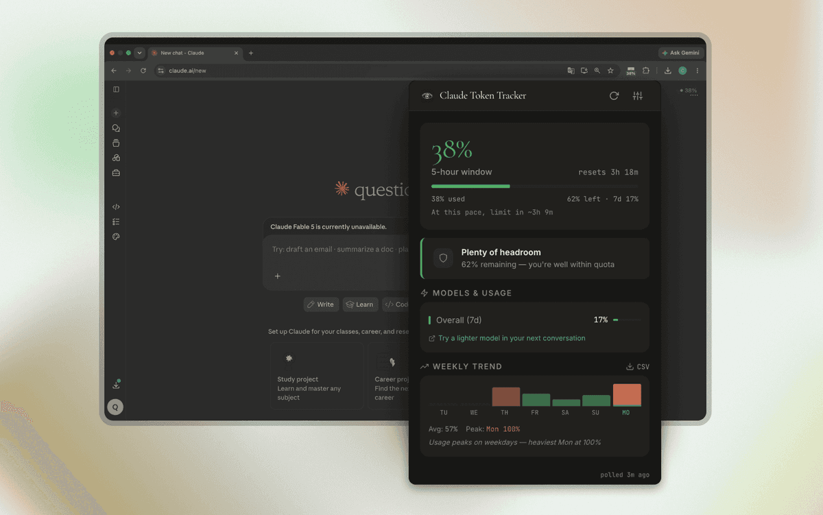Claude Token Tracker Chrome extension showing token budget as a battery gauge.