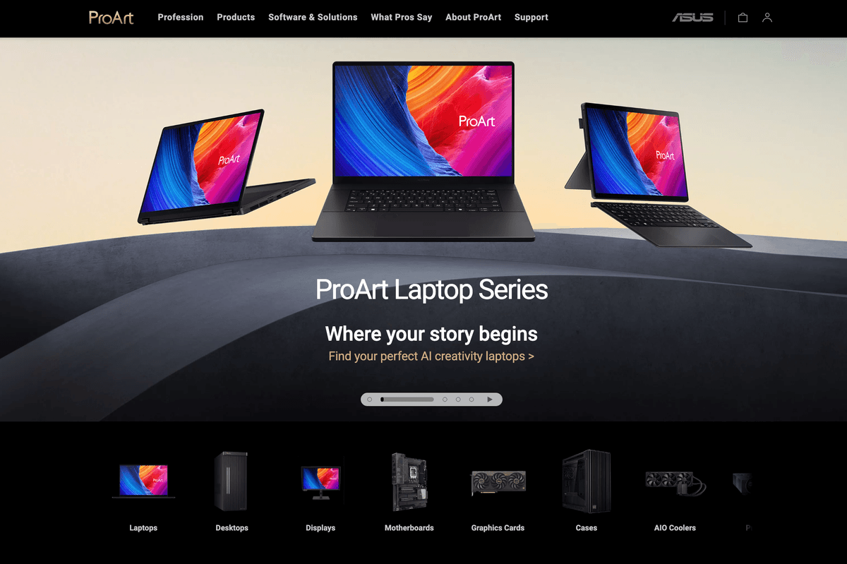 ProArt homepage: story-led hero and product category navigation.