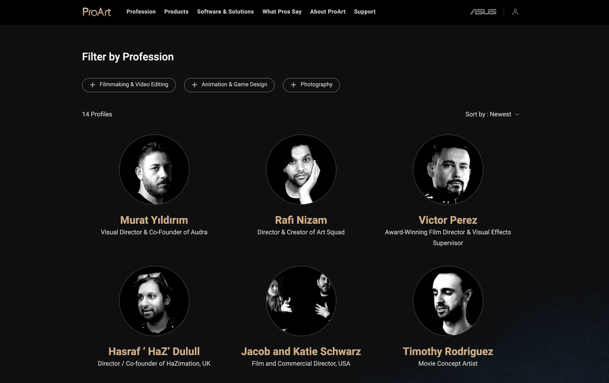 What Pros Say: creator profile grid with profession filters.