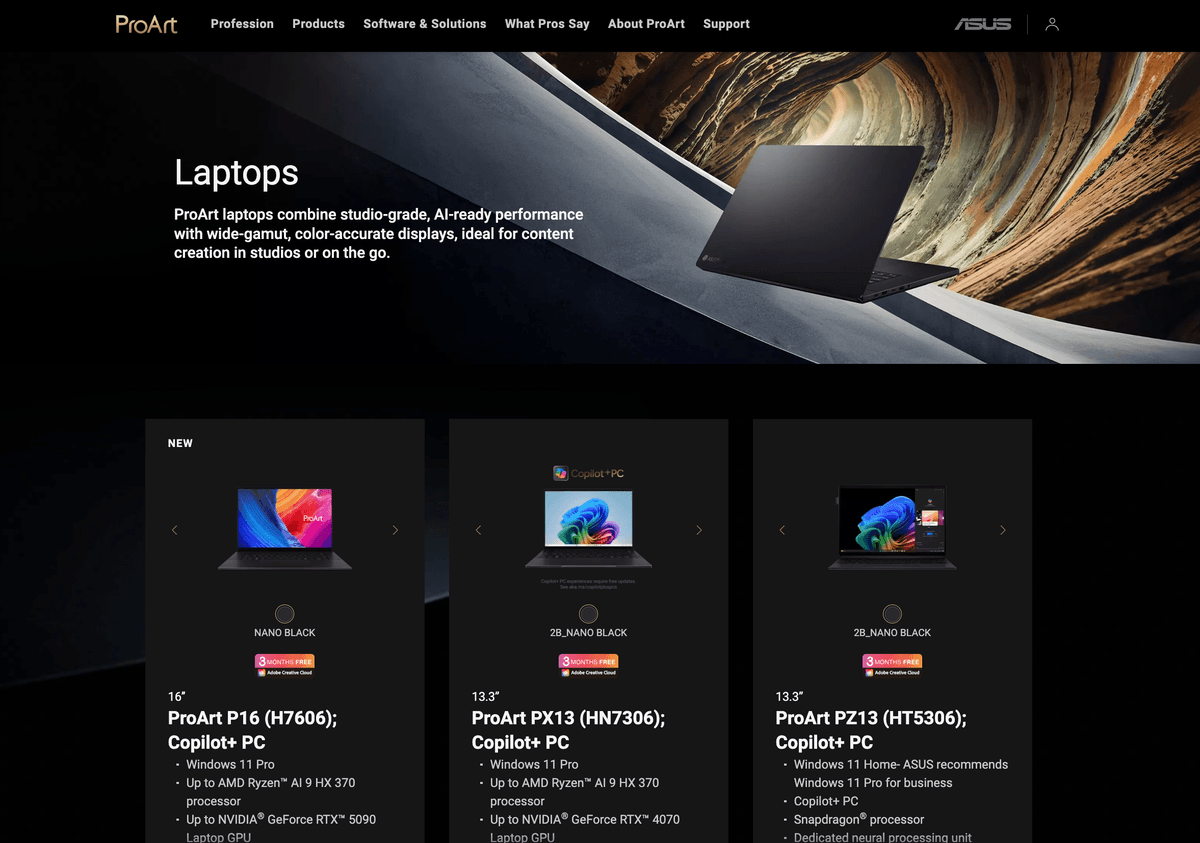 Laptops category: product cards with specs and pricing.