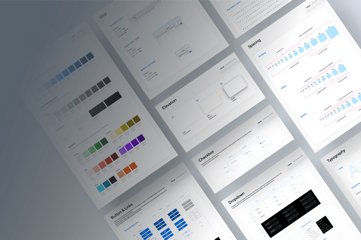 ASUS web design system spec sheets shown on a laptop, monitor, and tablet.