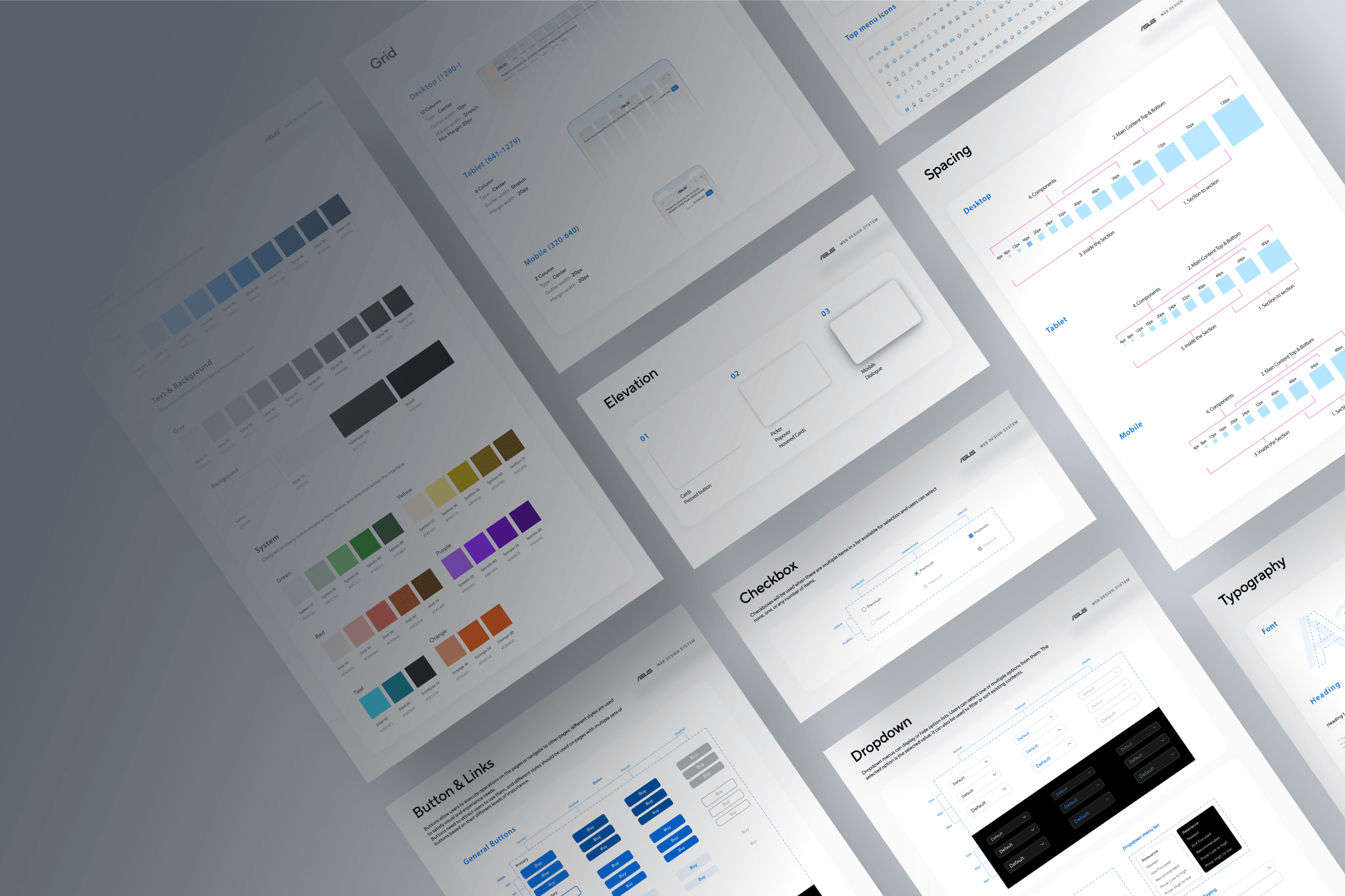 ASUS web design system spec sheets shown on a laptop, monitor, and tablet.