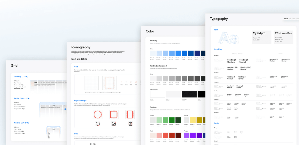 Fanned foundation spec sheets for grid, iconography, color, and typography: the shared baseline every team inherits.