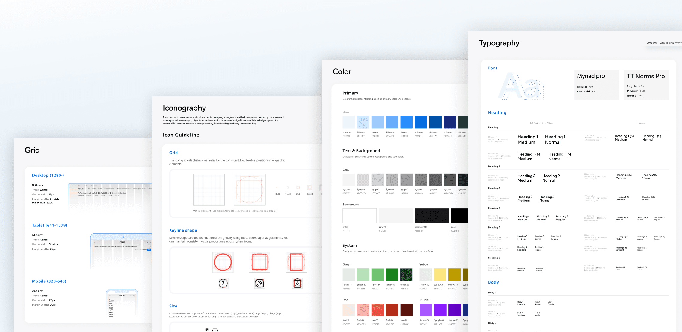 Fanned foundation spec sheets for grid, iconography, color, and typography: the shared baseline every team inherits.