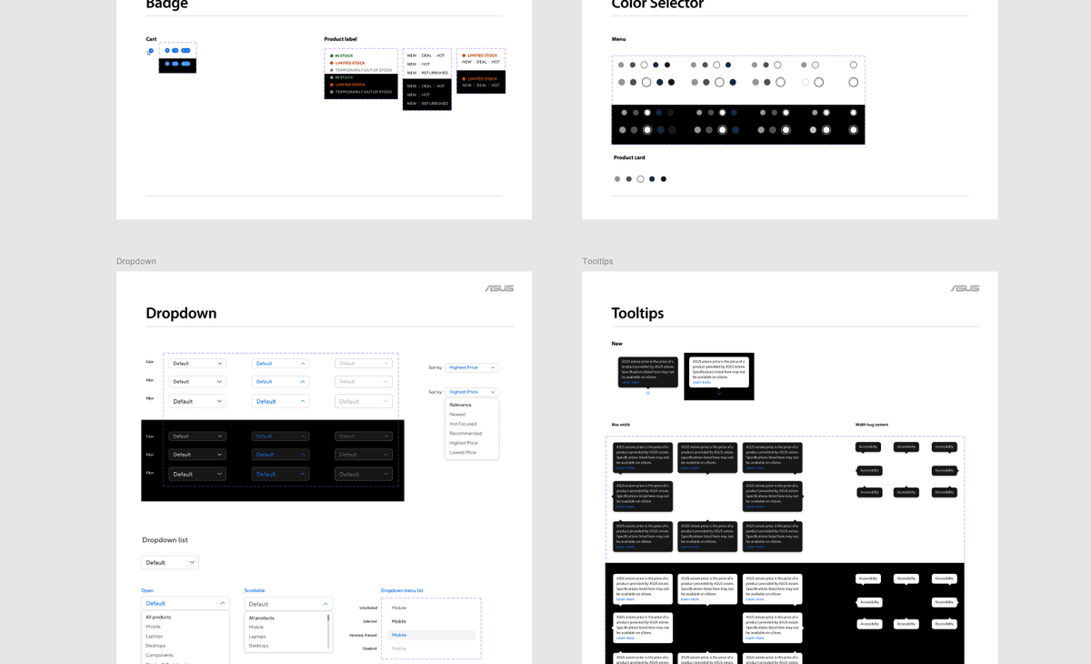 Component library sheet: badge, cart, product-label, color selector, dropdown, and tooltip patterns with their variants.
