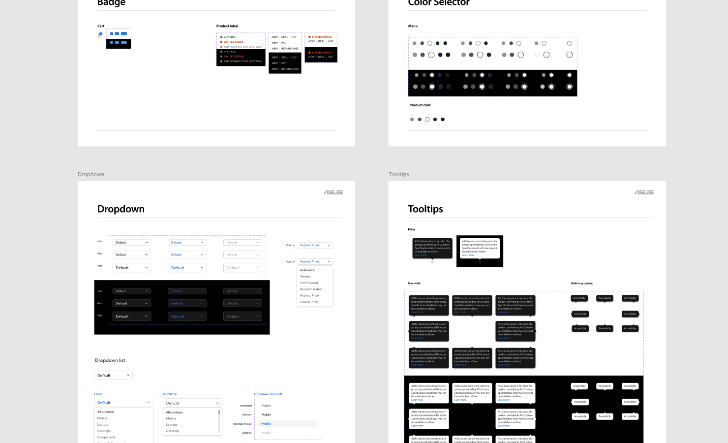 Component library sheet: badge, cart, product-label, color selector, dropdown, and tooltip patterns with their variants.