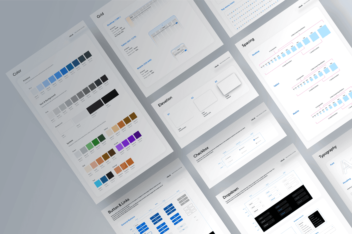 Angled design-system spec sheets for the core web components with anatomy and state annotations.