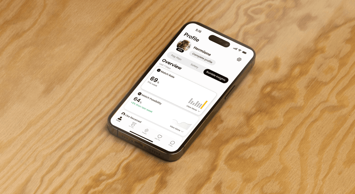 Bumble Insights on iPhone — profile overview with match rate and match possibility on a wood surface.
