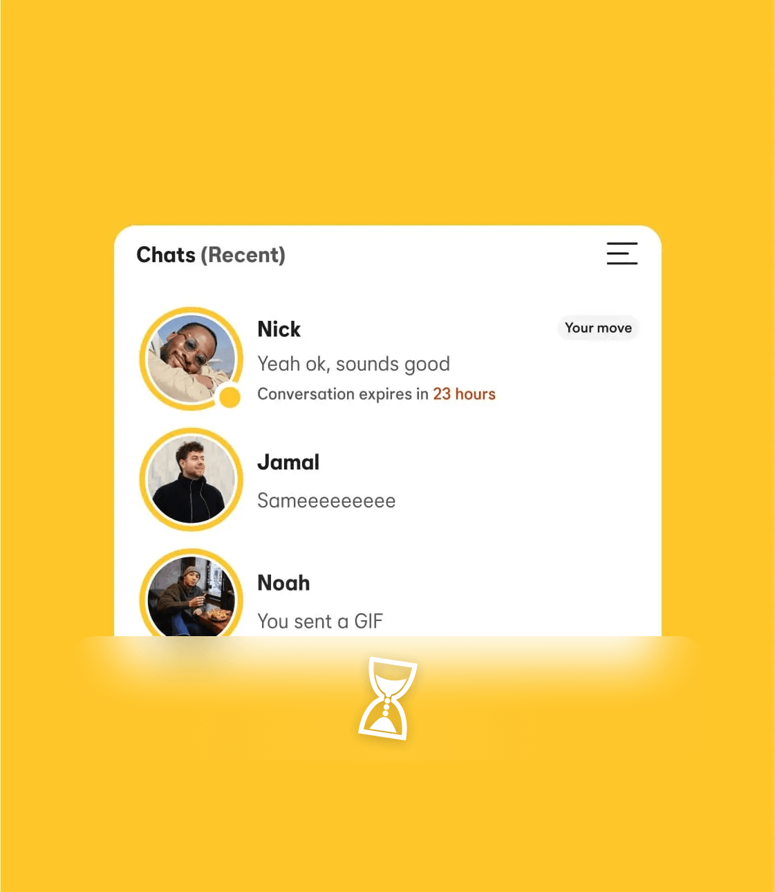 Bumble Chats — recent conversations with time-pressure hourglass.
