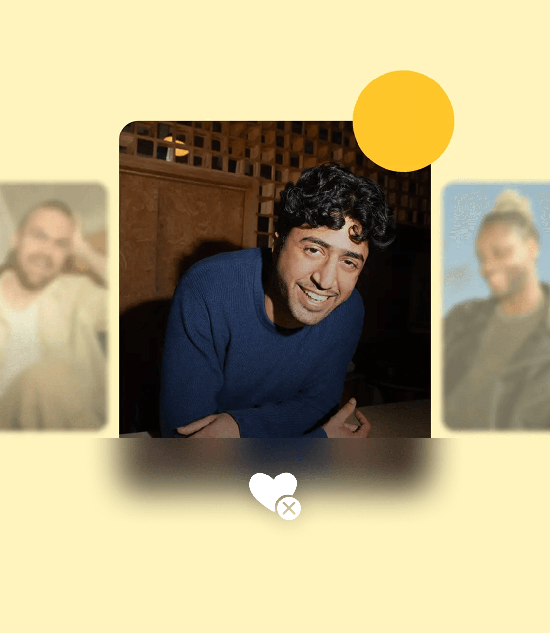 Bumble swipe stack — match card carousel.