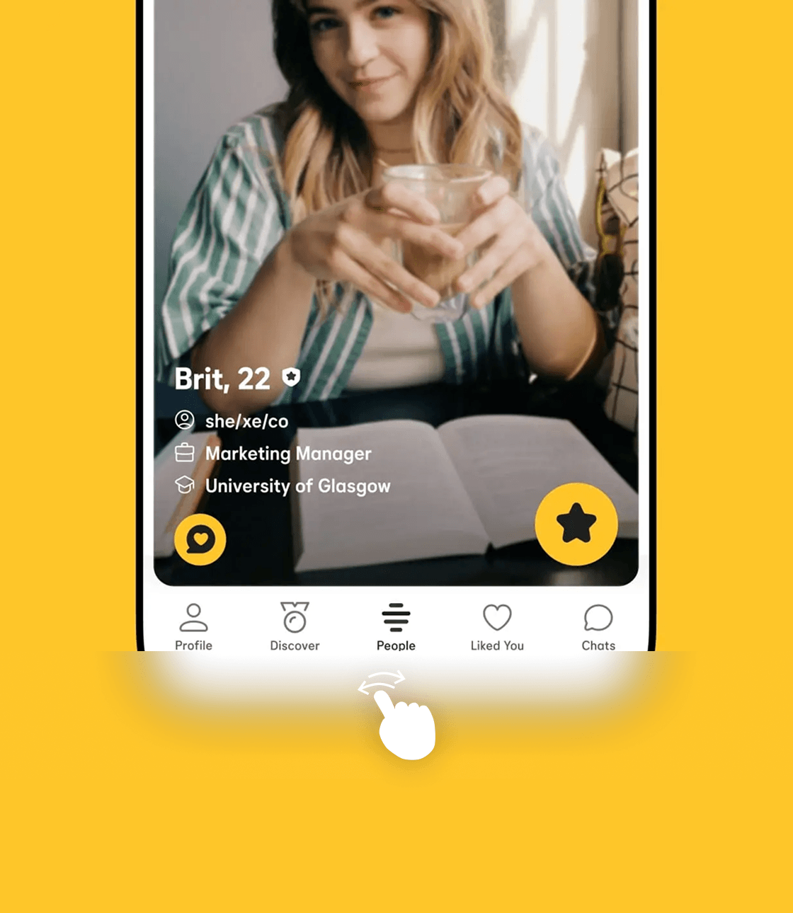 Bumble profile view — swiping through people.