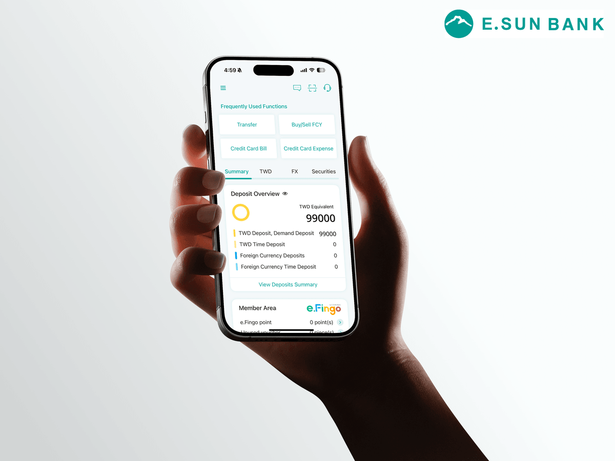 E.SUN home dashboard on iPhone with bank logo — frequent functions, deposit overview chart, and e.Fingo member area.
