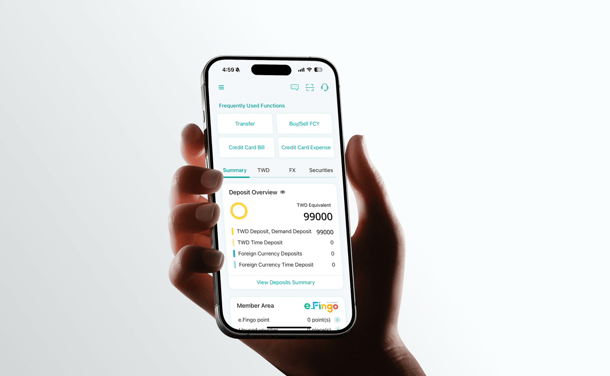 E.SUN Mobile Banking home screen held in hand — frequently used functions, deposit overview, and e.Fingo member area.