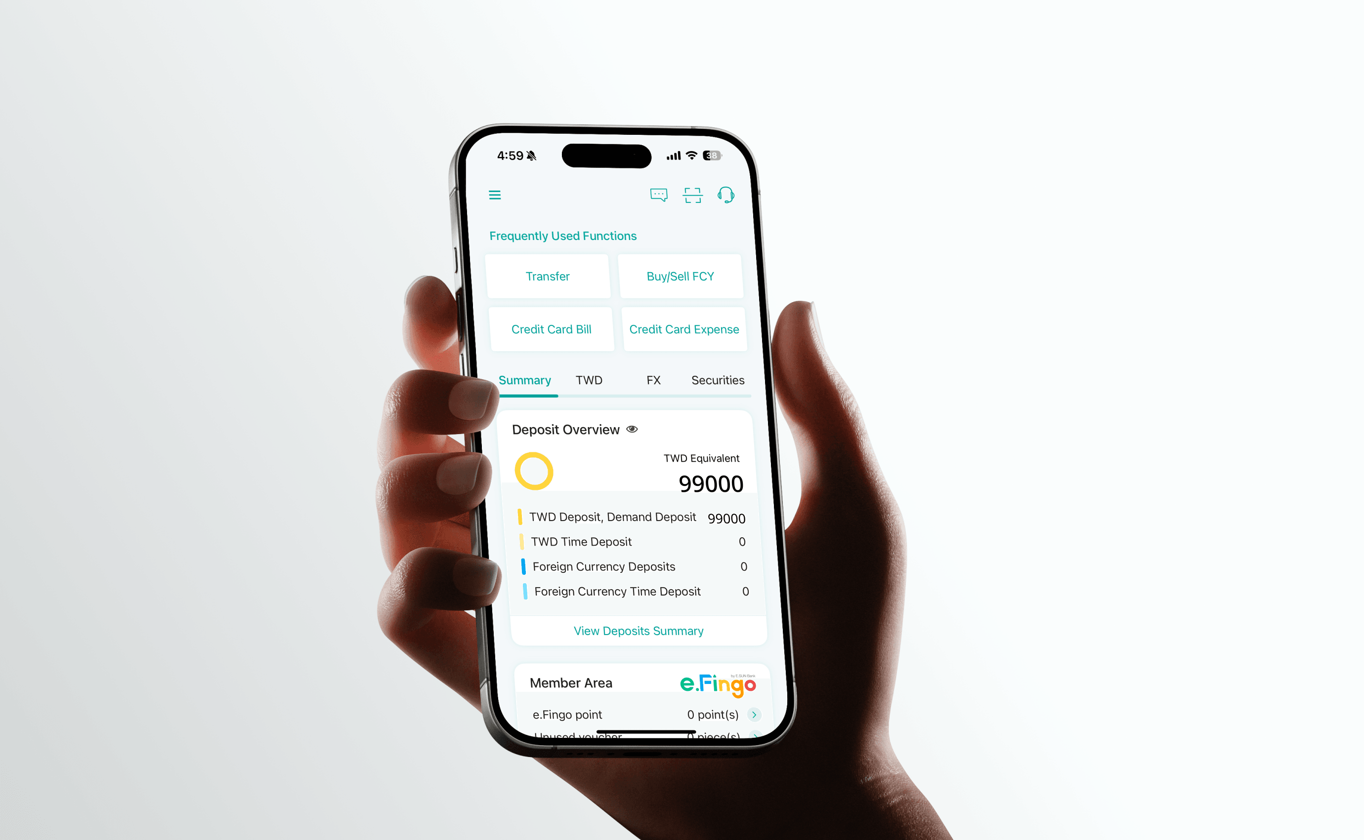 E.SUN Mobile Banking home screen held in hand — frequently used functions, deposit overview, and e.Fingo member area.