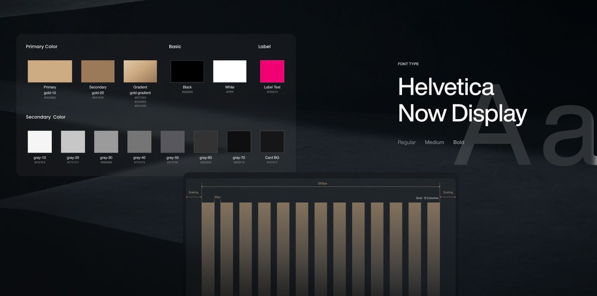 ProArt design system foundations: color palette and Helvetica Now typography.
