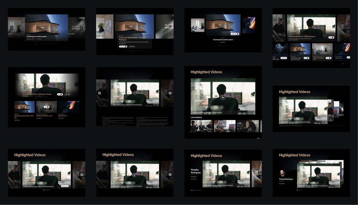Gallery section explorations: carousel and grid patterns for creator stories.