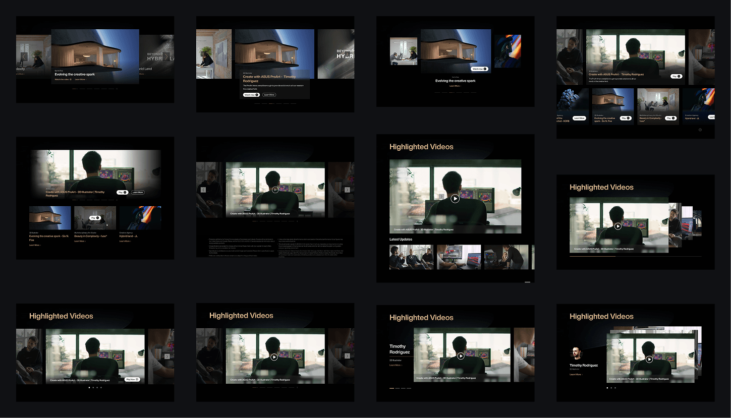 Gallery section explorations: carousel and grid patterns for creator stories.