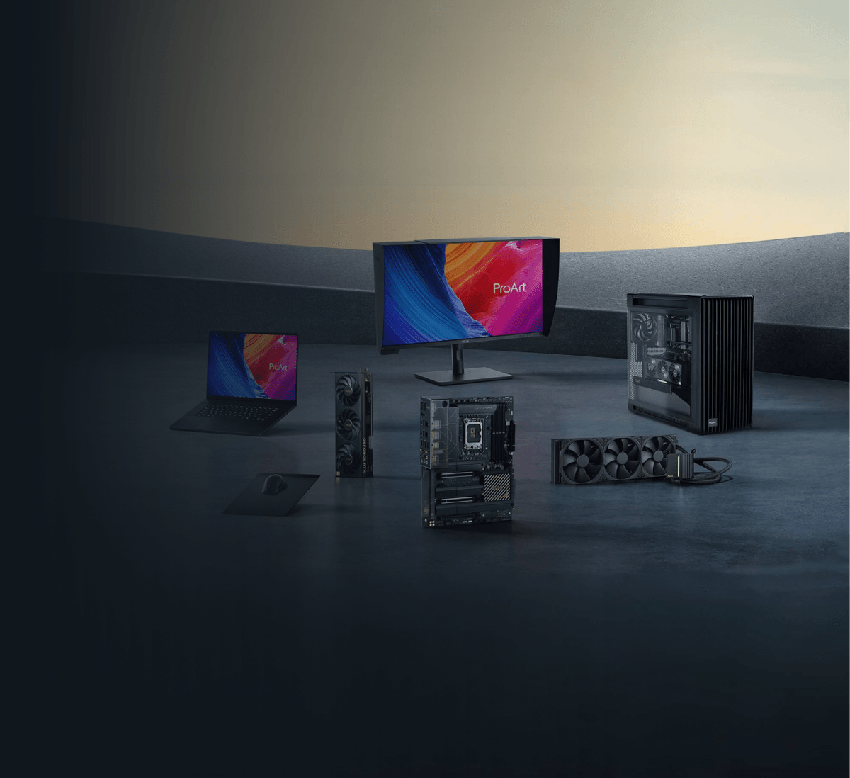 The ASUS ProArt product family: laptop, monitor, motherboard, graphics card, cooler, and case.