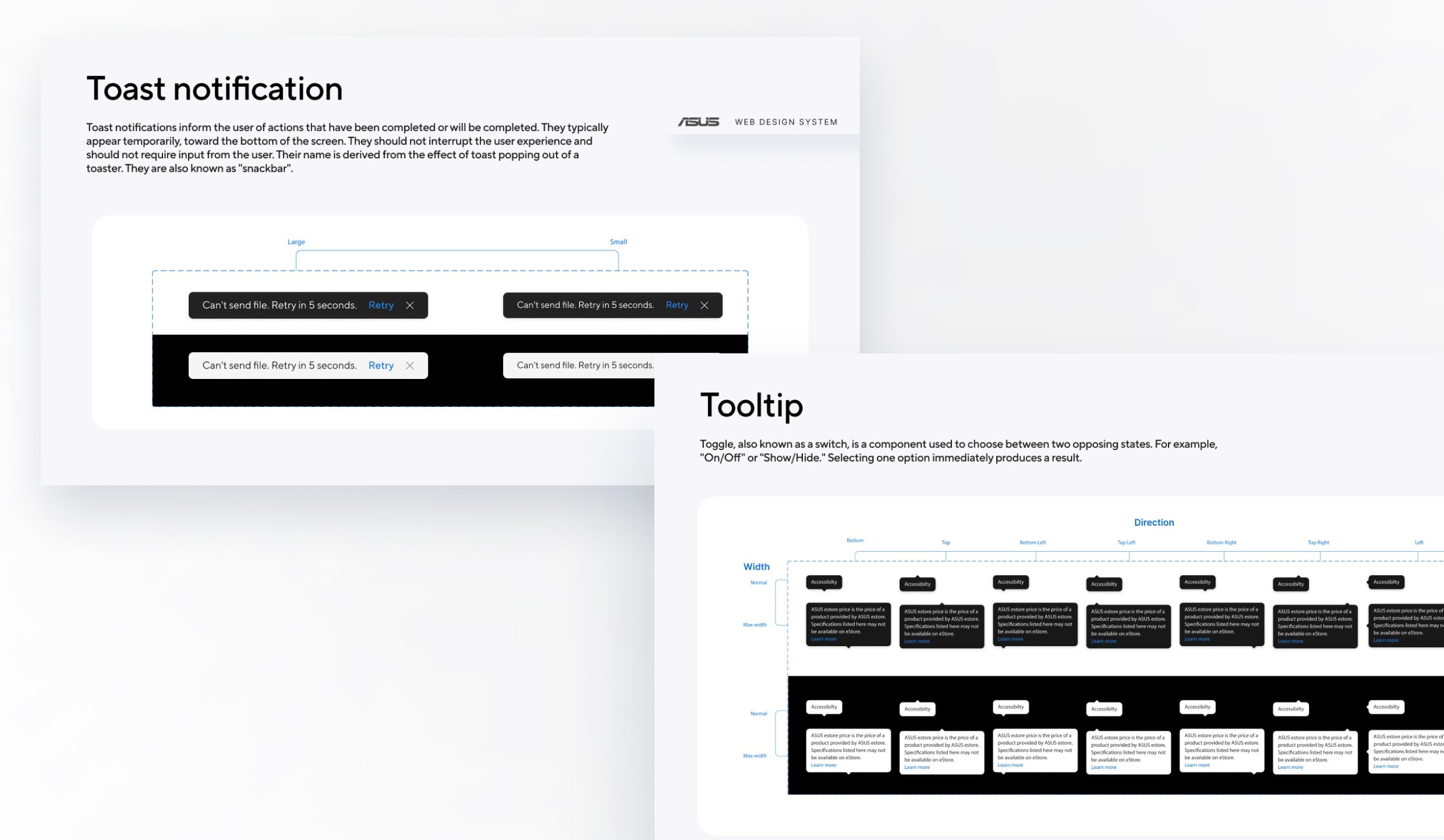 Toast and tooltip spec sheets.