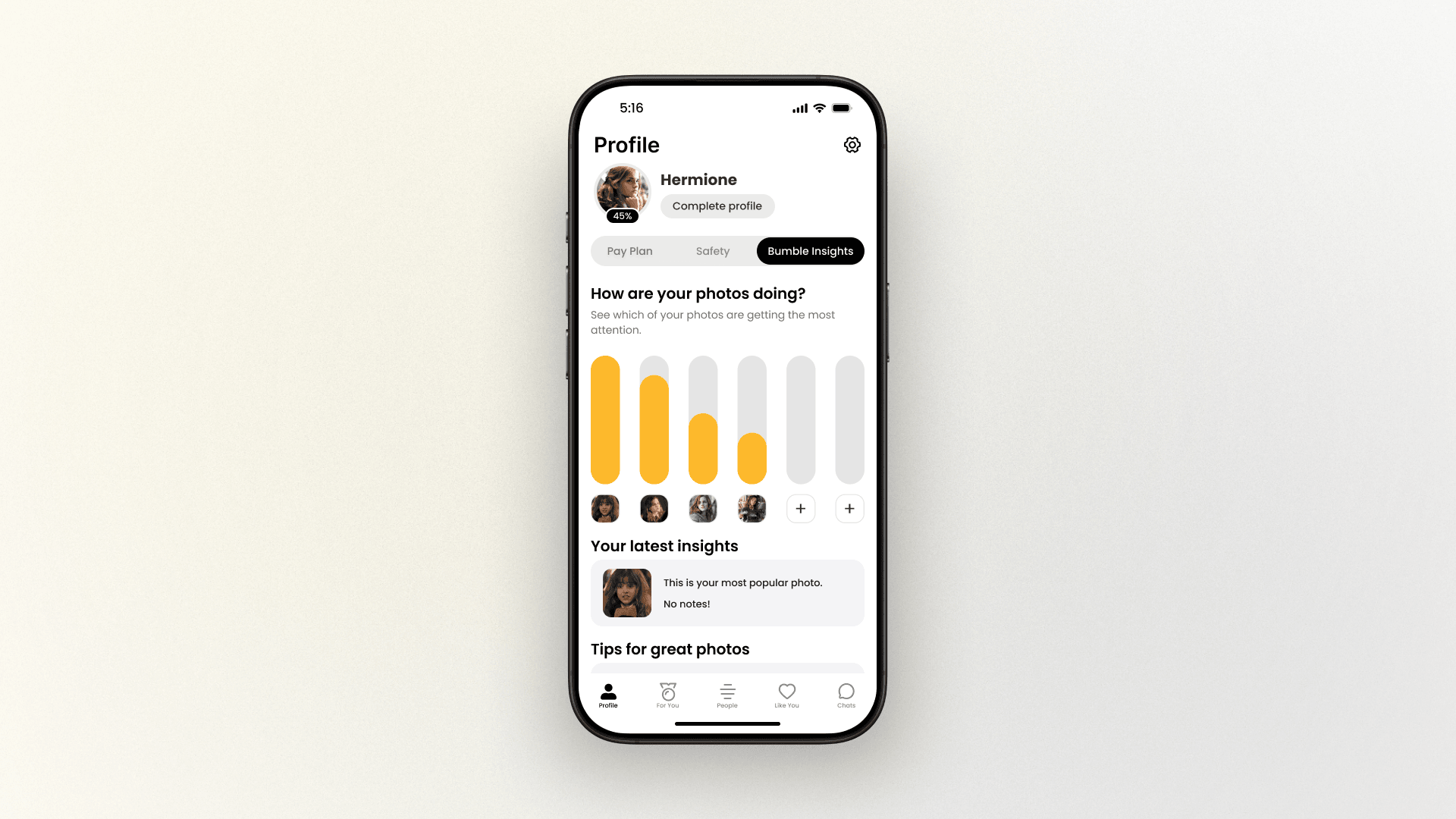 Existing Bumble Insights — 'How are your photos doing?' with photo performance bars. Profile tips only, no behavioral data.
