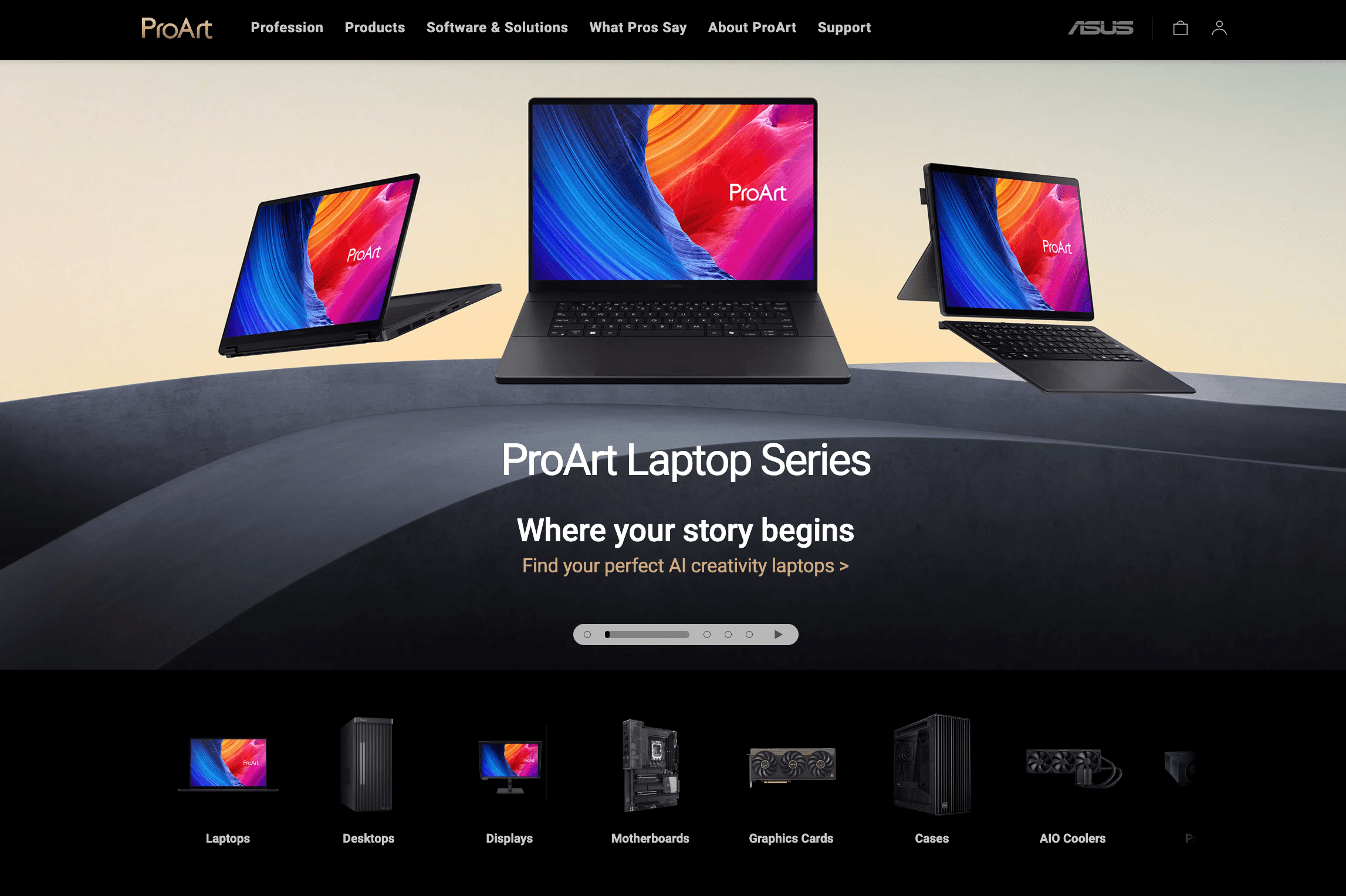 ProArt homepage: story-led hero and product category navigation.